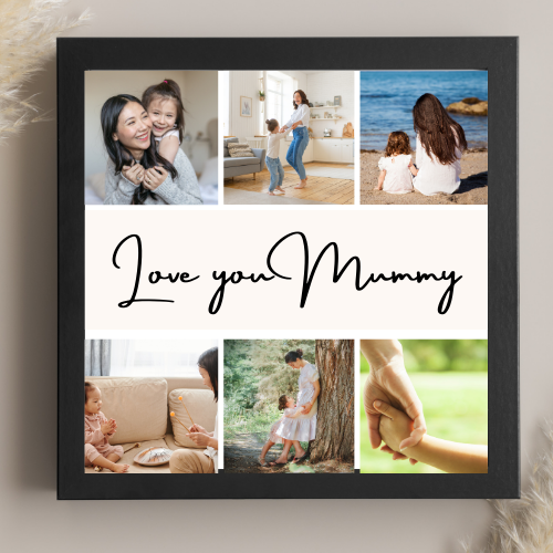 Heart-shaped 6-photo collage in a black square frame with “Happy Mother’s Day” caption, showcasing cherished family memories in a compact design.